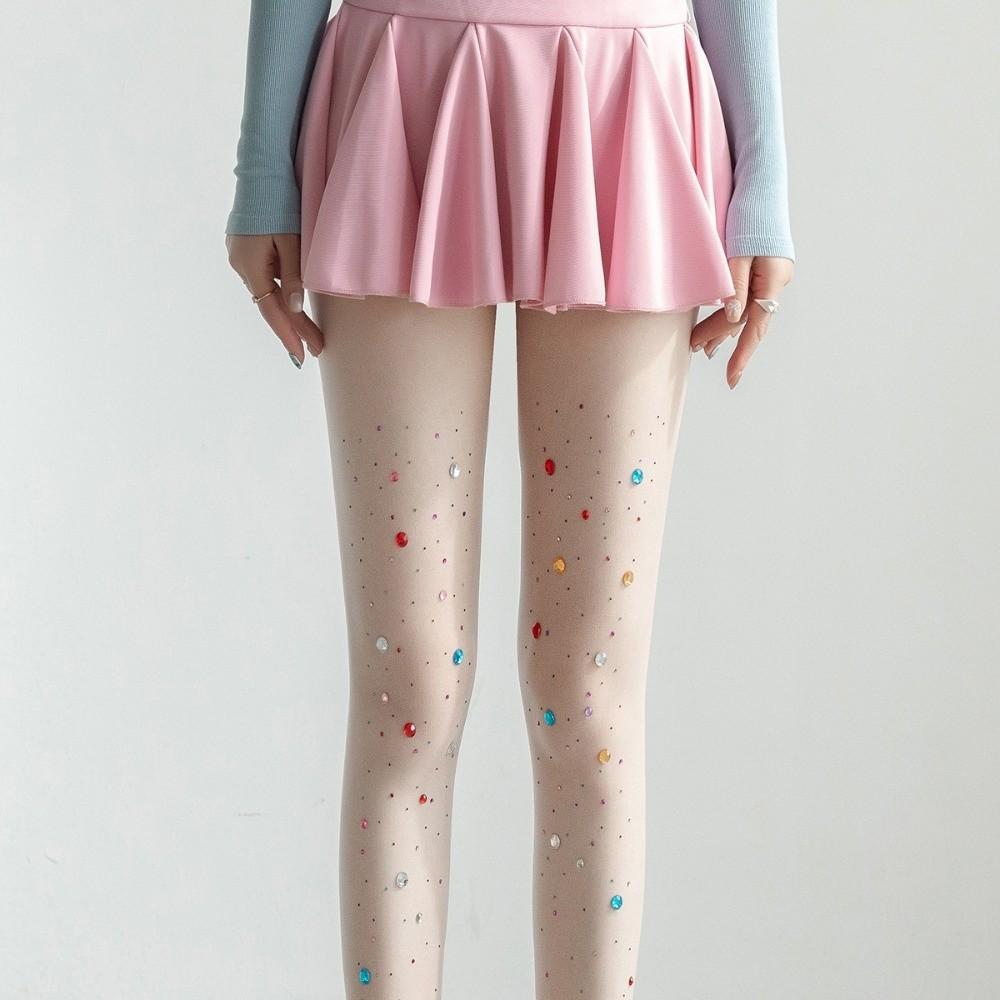 

Stretch Silk Stockings Y2K Shiny Tights Bling Hosiery Colorful Rhinestone Pantyhose Girls Style 3 White