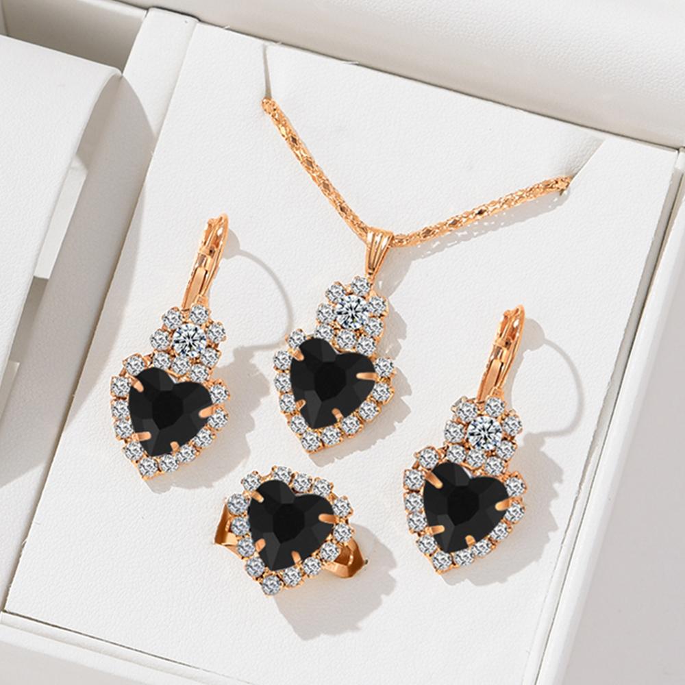 4 Piece Set Women Black Water Droplet Love Water Diamond Necklace Earrings Ring Zircon Fashionable Exquisite Suitable Party
