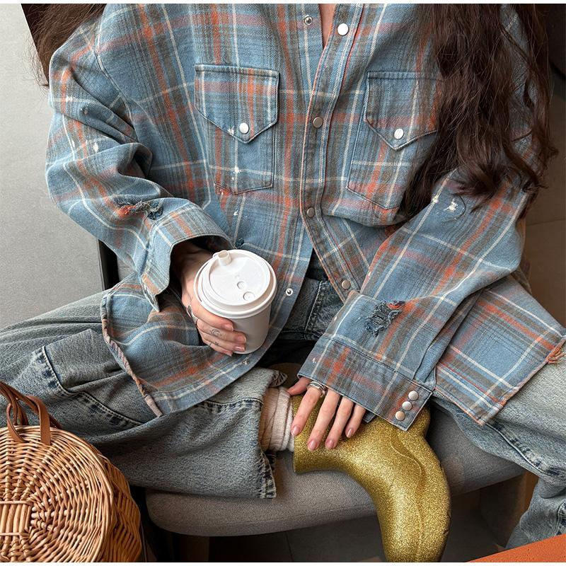 Blue Plaid Shirt Jacket Women's Spring Autumn 2025 New Elegant High-End Feel with Button Down The Front Female Casual Loose Blouses