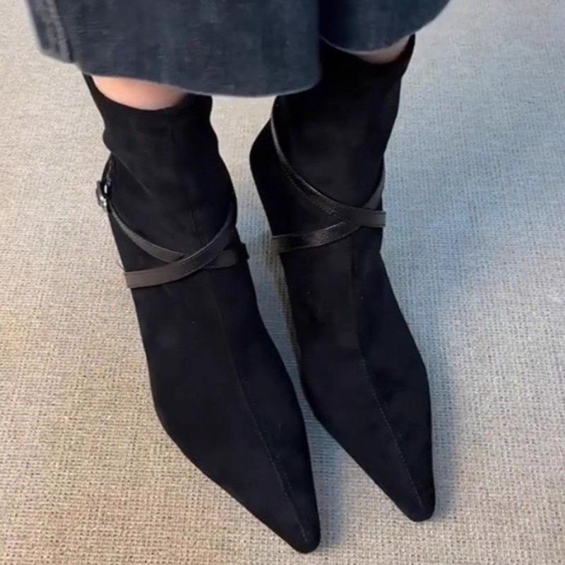 Mode Mittelhohe Absätze Damen Spitzzehen Stiefeletten Mode Wildleder Schnallenschuhe 2025 Neu Elegant Chelsea Kurze Stiefel Winter Pumps Zapatillas