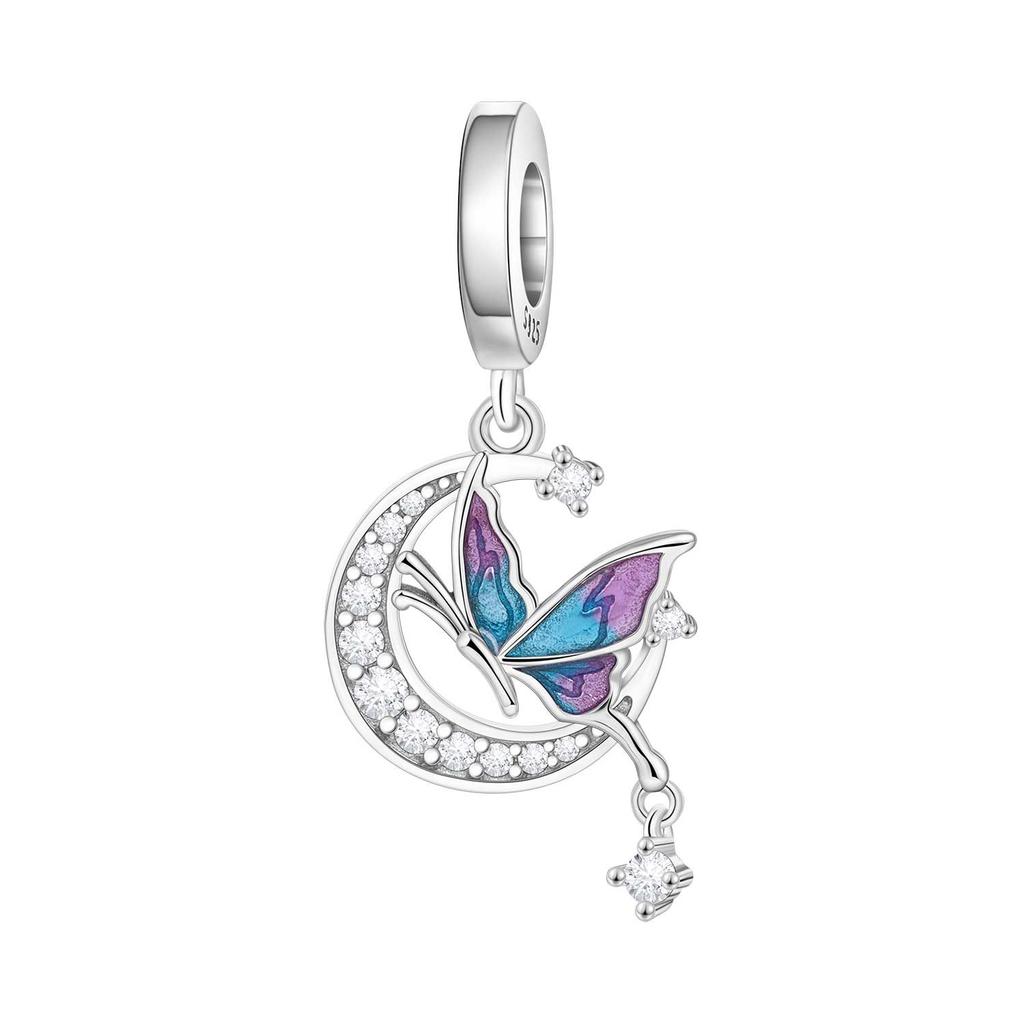 PANPOKI 925 Silver Iris Flower Pendant Charm Bracelet Jewelry DIY Trendy Gift for Women Party Beads