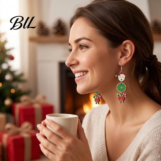 Dangle Drop Earrings 1 Pair Christmas Wooden for Women, Cute Santa Women Seasonal Accessories Gingerbread Candy Cane Earrings, Vintage Holiday Jewelry