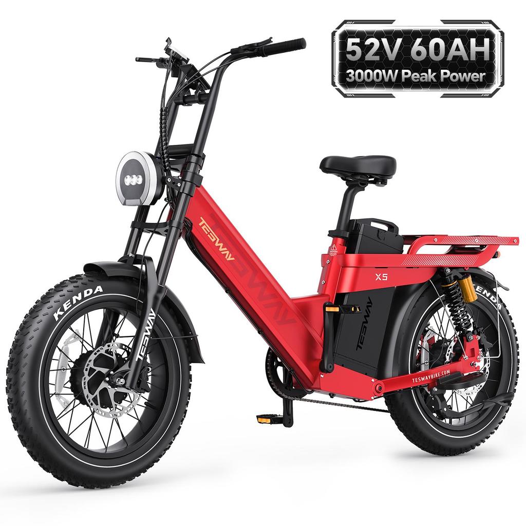 Tesway X5 AWD Electric Bike, Peak 3000W Dual Motor, 52V 60Ah Battery, Range 300km, 20*4.0'' Tires, 7 Speed, 8A Charger