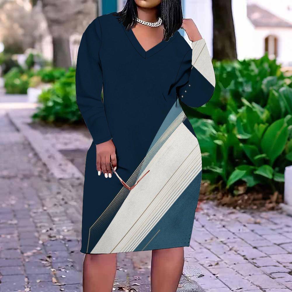 Women Plus Size V Neck Long Sleeve Radial Printed Black Orange Beige Straight Hem Dress