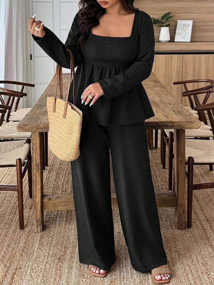 Plus Size 2-Piece Set with Square Scalloped Neckline & Wide Leg Pants, Faux Linen Look 1XL