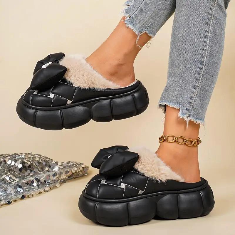 Fashion Casual Pu Thick Bottom Cotton Indoor Slippers Winter Sweet Bowknot Chunky Platform Short Plush Shoes Warm Faux Fur Slippers