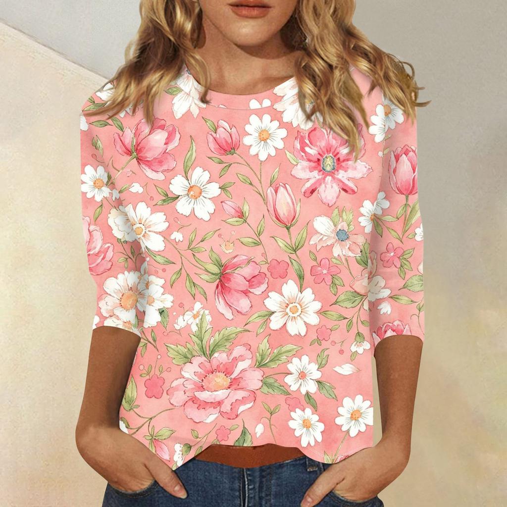 Womens Casual Floral Print Top with Three Quarter Sleeves and Crew Neck Relaxed Fit Lightweight Blouse for Everyday Wear