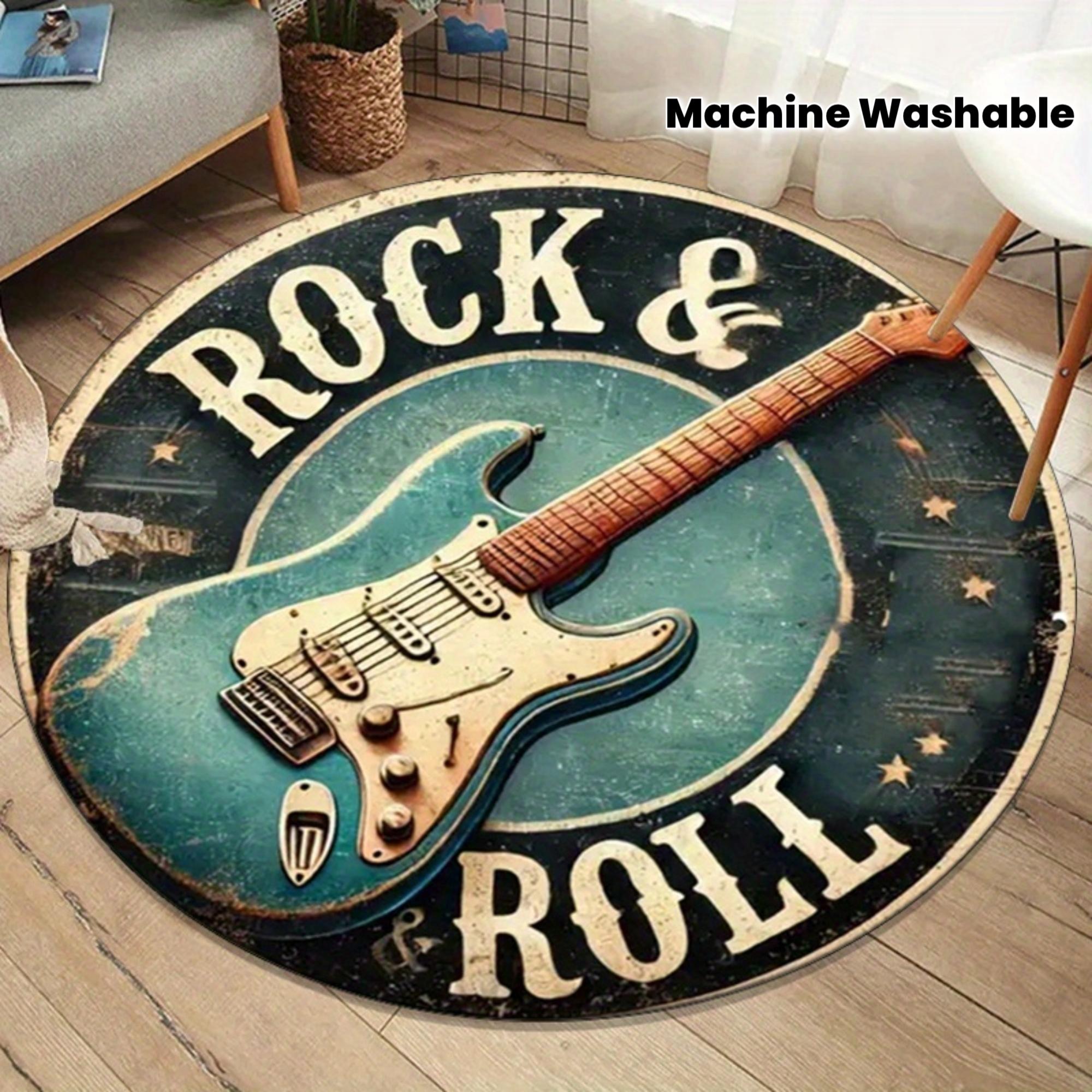 

Vintage Guitar Rock & Roll Round Rug, Blue Black Gradient Non-Slip Mat for Music Theme Room Decor Diameter 60cm