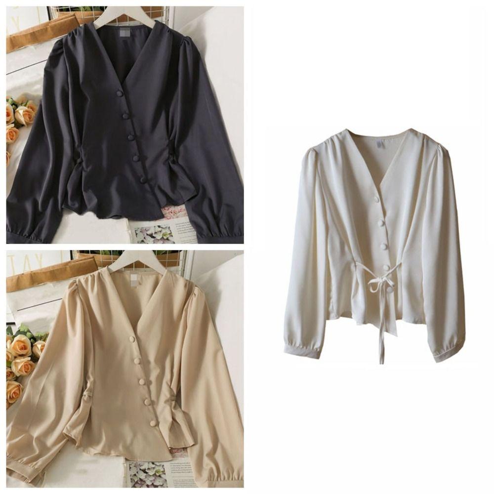 Slim Fit Long Sleeve Shirts V-neck Office Ladies Tops Fashion Button Up Blouse  Office