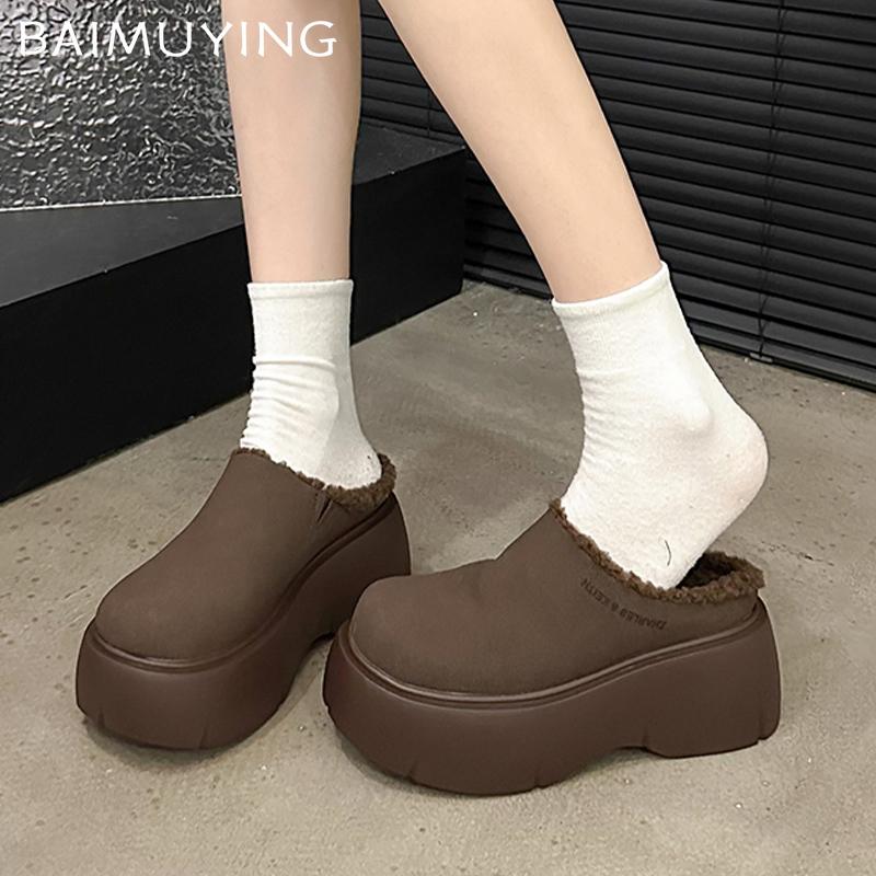 Wildleder Plateau Damen Baumwollpantoffeln Mittelhohe Absätze Designer Pantoletten Schuhe Neue Marke 2025 Trend Winter Warm Gehen Schnee-Stiefel für Damen