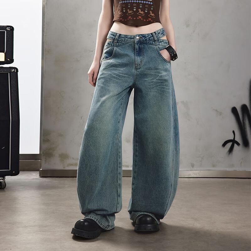 UNIFREE Retro Distressed Hollow Out Wide Leg Jeans