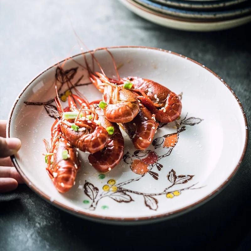 Japanese Style Underglaze Dish Sushi Dishes Cold Dish Dish Ceramic Plate Household round Fruit Flat Plate