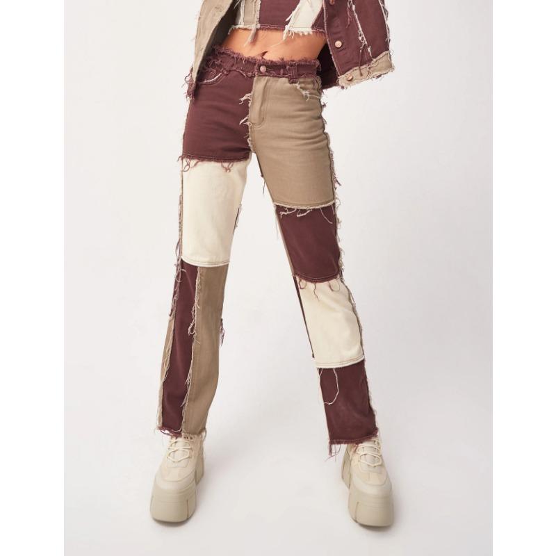 Women's Plus Size Mixed Colour Splicing High Waisted Tight Hip Women's Straight Jeans Trousers