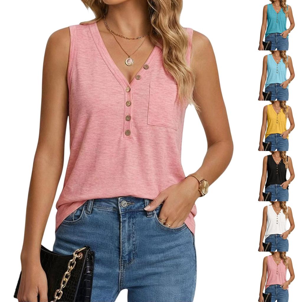 Women's Sleeveless V Neck Button Front Loose Fit Casual Tank Top Summer Blouse Suitable for Daily Wear and Layering