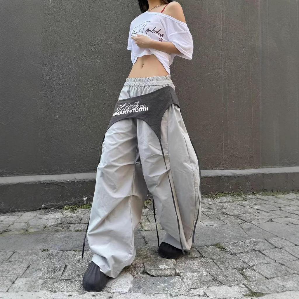 Women's 2025 Lace-Up Scimitar Parachute Pants - American Layered Hip-Hop Street Style for Spring & Autumn