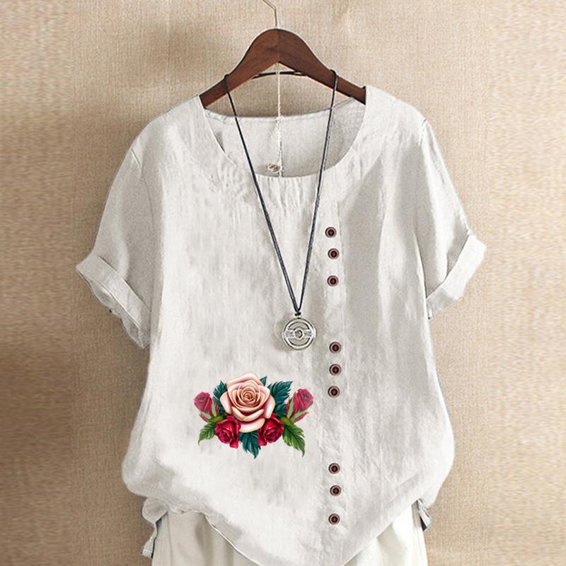 Women's Fashion Flowers Prined Short Sleeve T-shirt Loose Cotton Shirt Casual Loose Summer Blouse Tops Plus Size