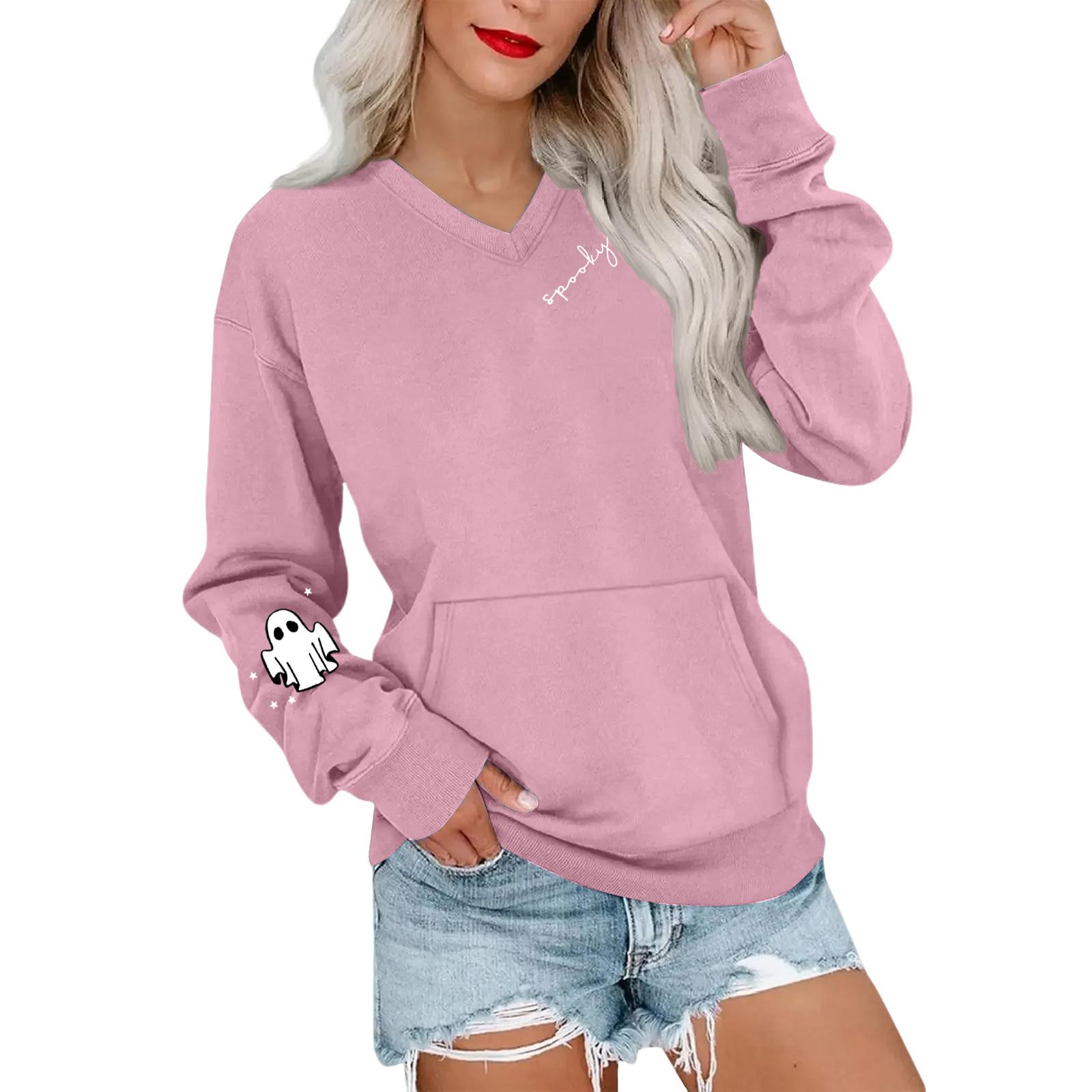 

Женская повседневная модная толстовка с V-образным вырезом и длинными рукавами с принтом на Хэллоуин, легкий пуловер с капюшоном и карманами XL