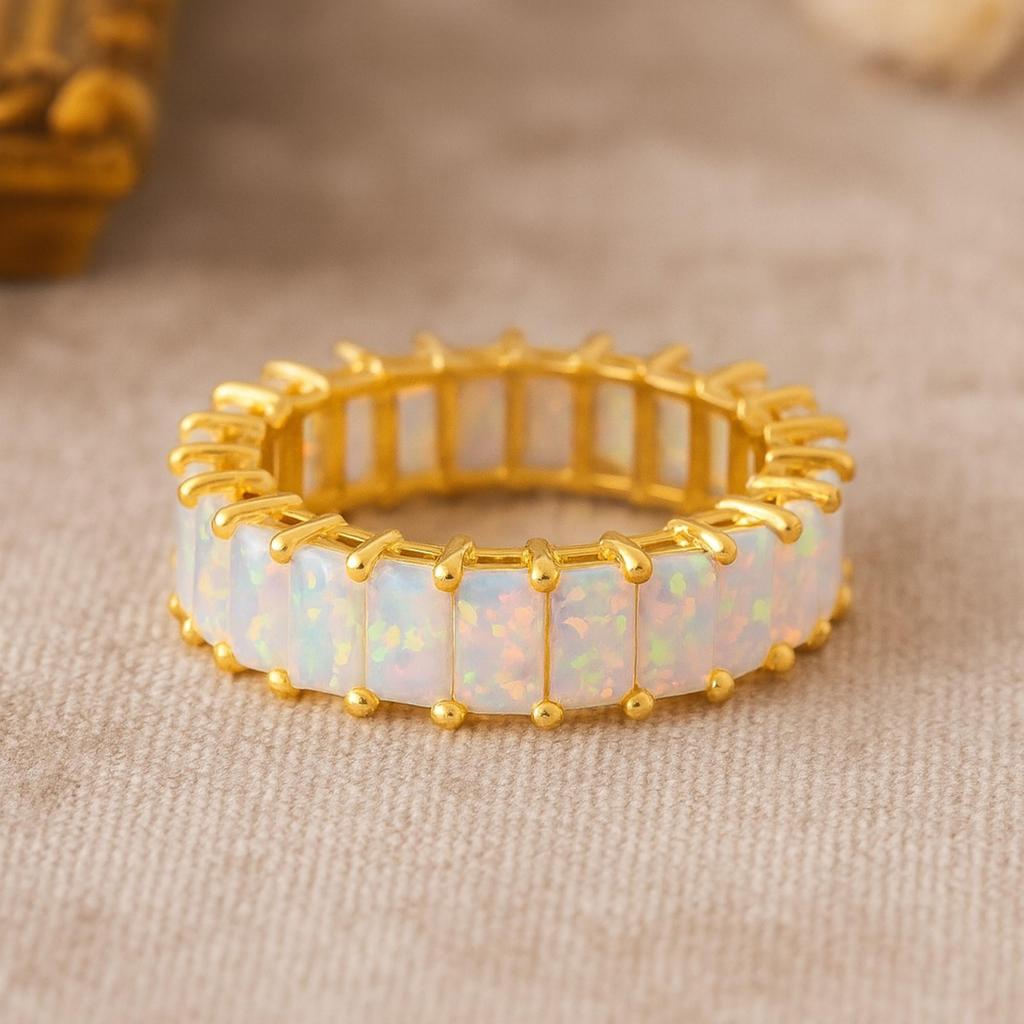 Yellow Gold Plated Opal Eternity Band – 925 Sterling Silver Full Eternity Ring – October Birthstone Bridal Wedding Jewelry Gift for Her
