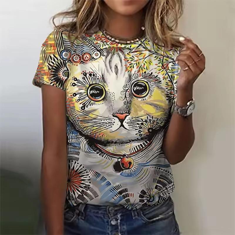 Summer Round Neck 3D Cat Pattern Print Top Fashionable Casual Short Sleeved Women's T-shirts