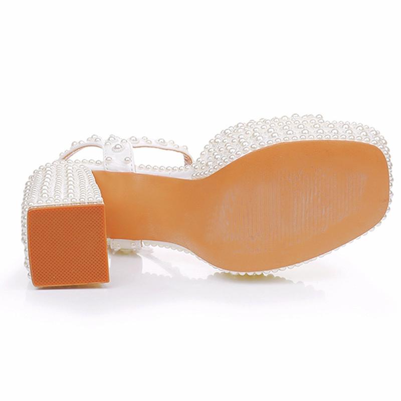 Luxury Handmade Full Pearls Thick Heeled Women Gladiator Sandals Summer Platform Wedges High Heels Chunky Sandals Shoes