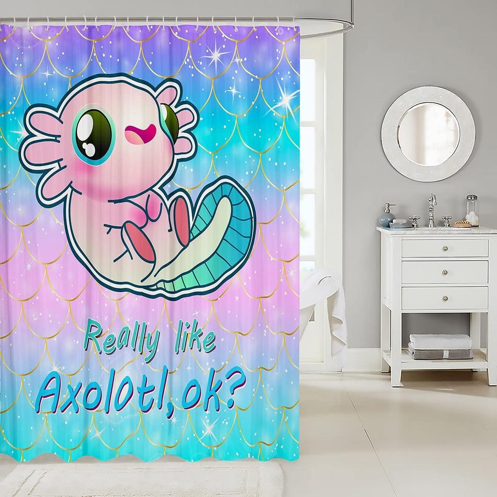 Süßer Axolotl-Duschvorhang, Kawaii-Cartoon-Salamander-Badezimmervorhang mit Haken, Wasserdichte Duschvorhänge für Badewannen-Dekor