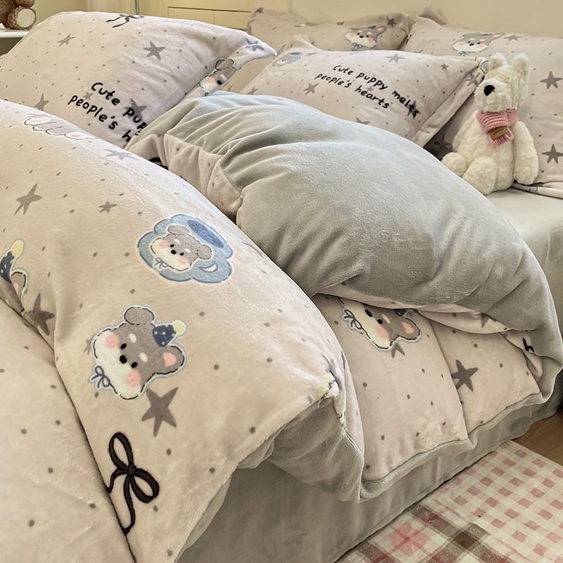 Thickened Milk Fleece Four-Piece Set Cartoon Coral Fleece Quilt Cover Fleece Bedding Flannel Sheets