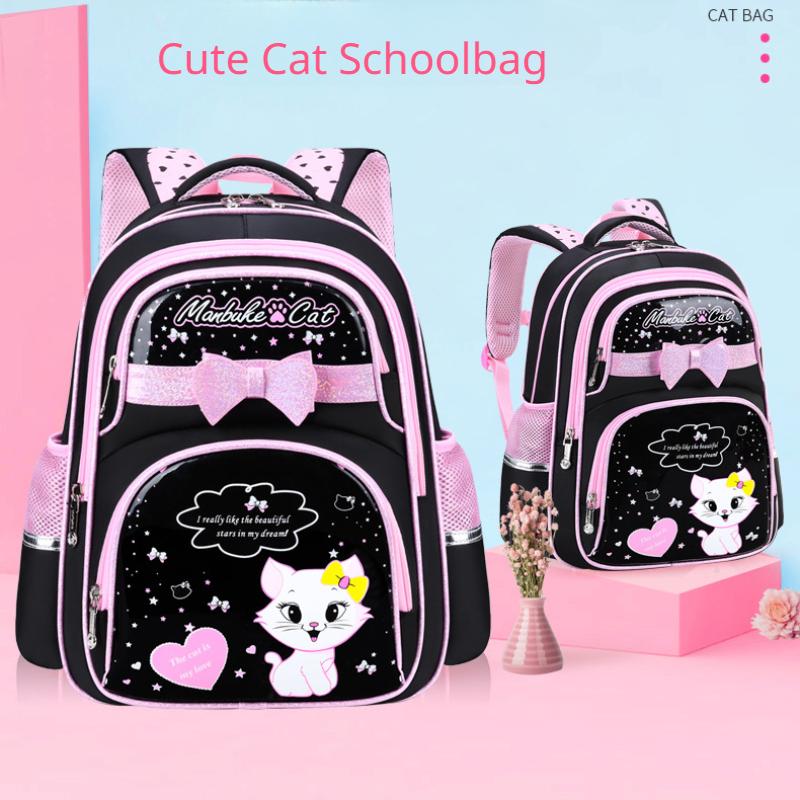 Grade 1-6 Children School Bags for Girls Cut Cat Printed 3 PCS Set Primary School Backpack Kids School Bookbag with Handbag Pencil Case
