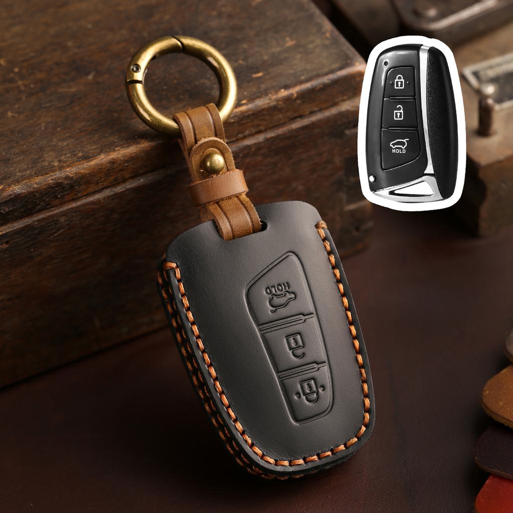 Genuine Leather Auto Key Fob Cover Case Fit For Hyundai Santa Fe Sport Equus Centennial Genesis G80 Grandeur Azera 2013 2014 Ix45