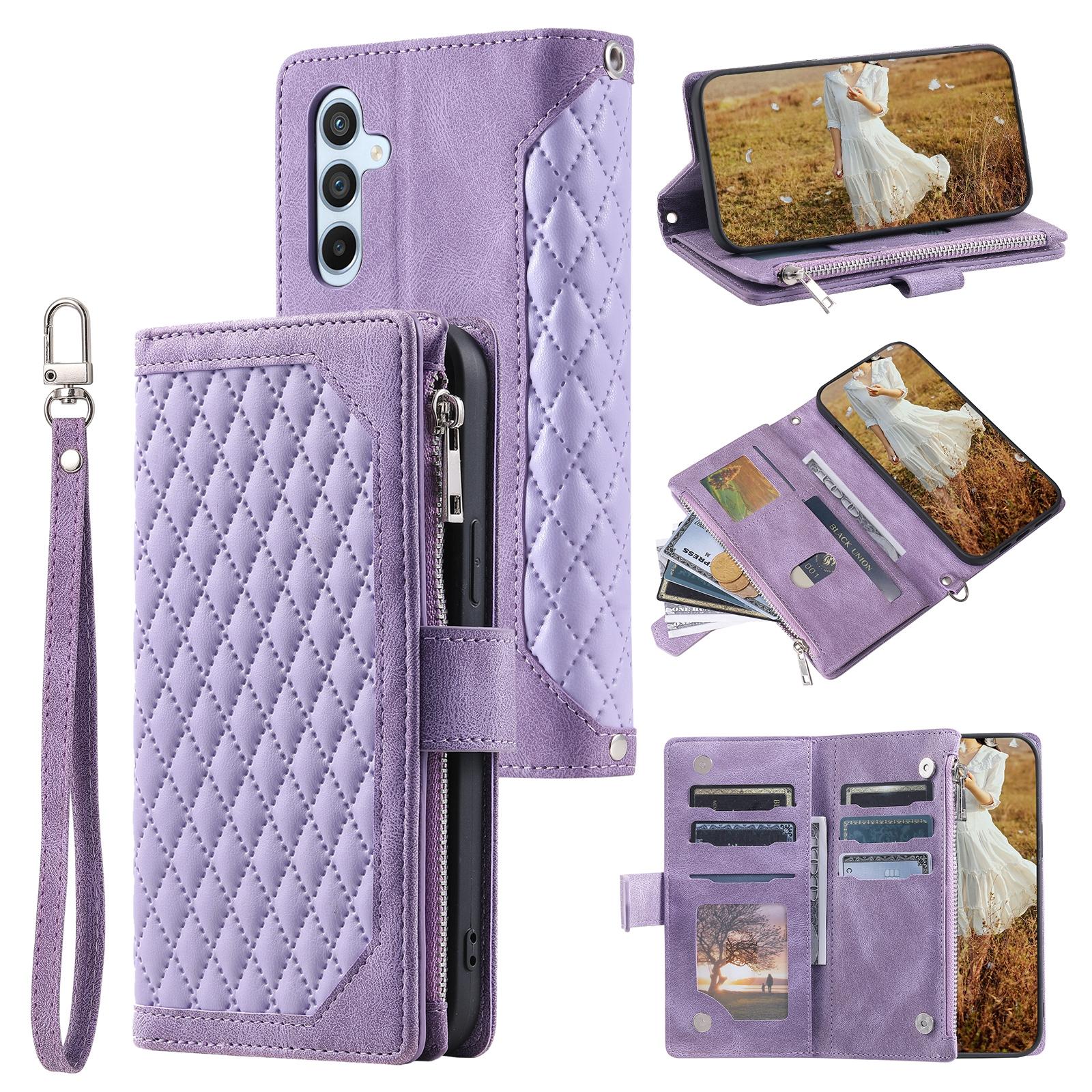 

For Samsung Galaxy S25 FE Wallet Case Rhombus Stitching Line PU Leather Phone Cover with Wrist Strap Purple