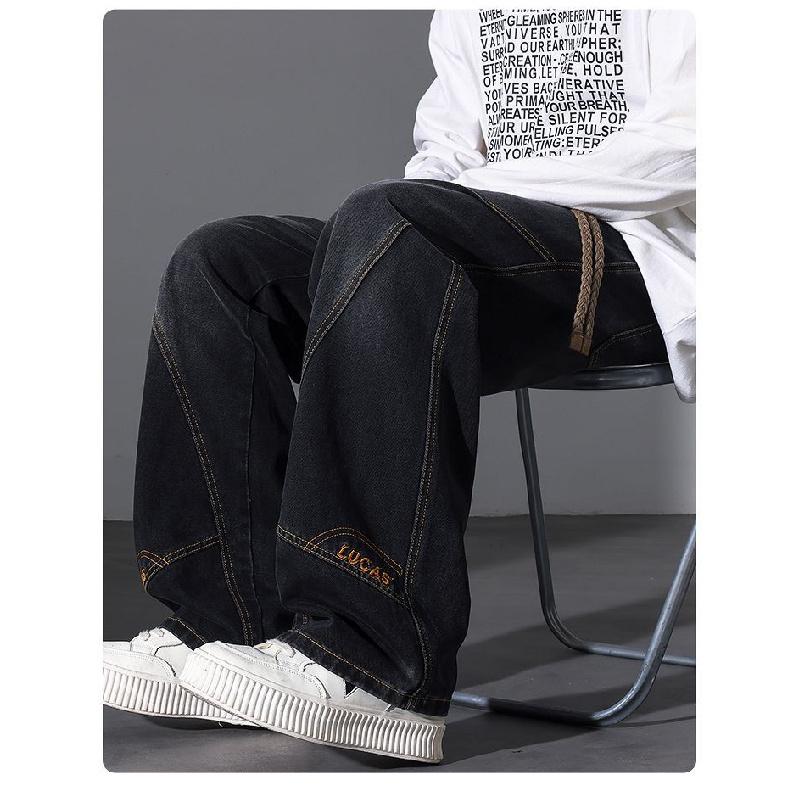 2026 New Four-Season Wide-Leg Patchwork Embroidered Loose Straight Blue Jeans for Men Trendy JEANS M чёрный