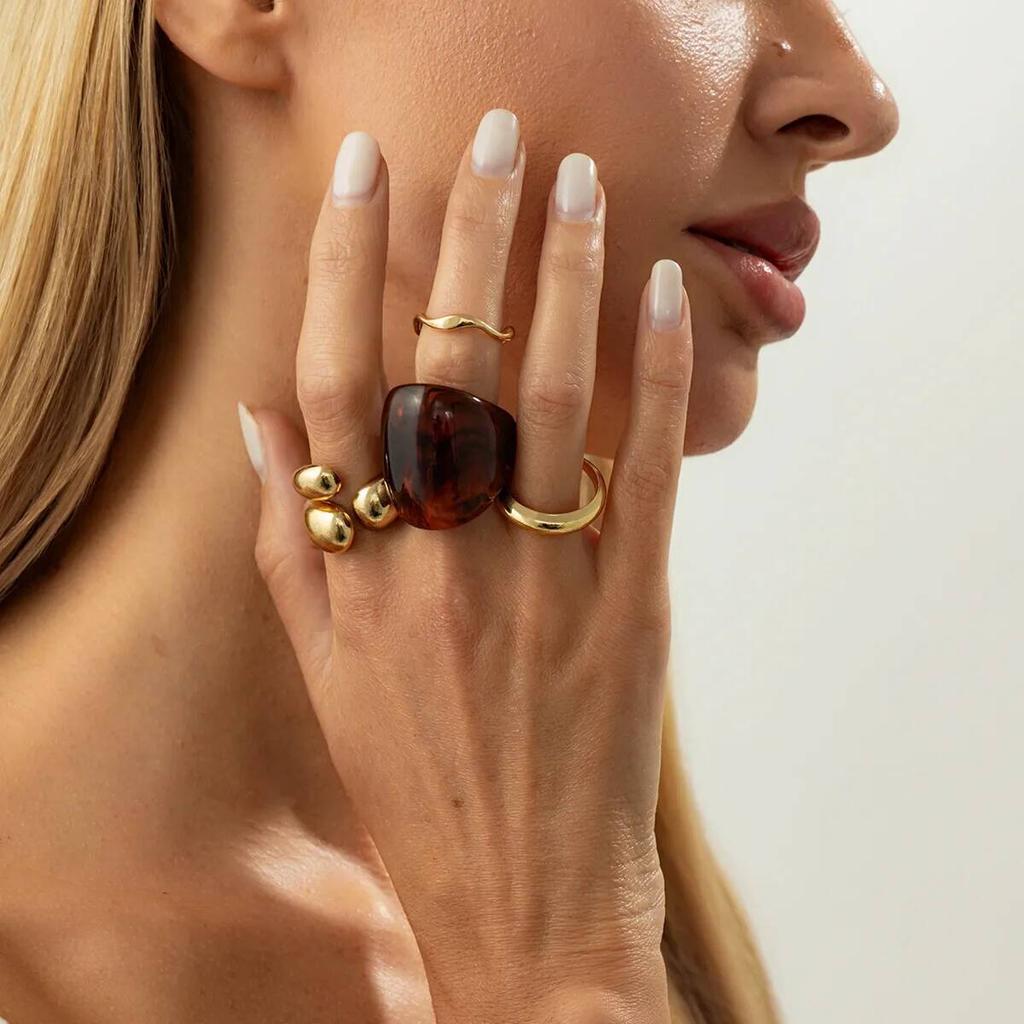 KunJoe 4Pcs/Set Vintage Irregular Gold Color Open Ring Women Boho Geometric Acrylic Adjustable Knuckle Ring  Jewelry Gift