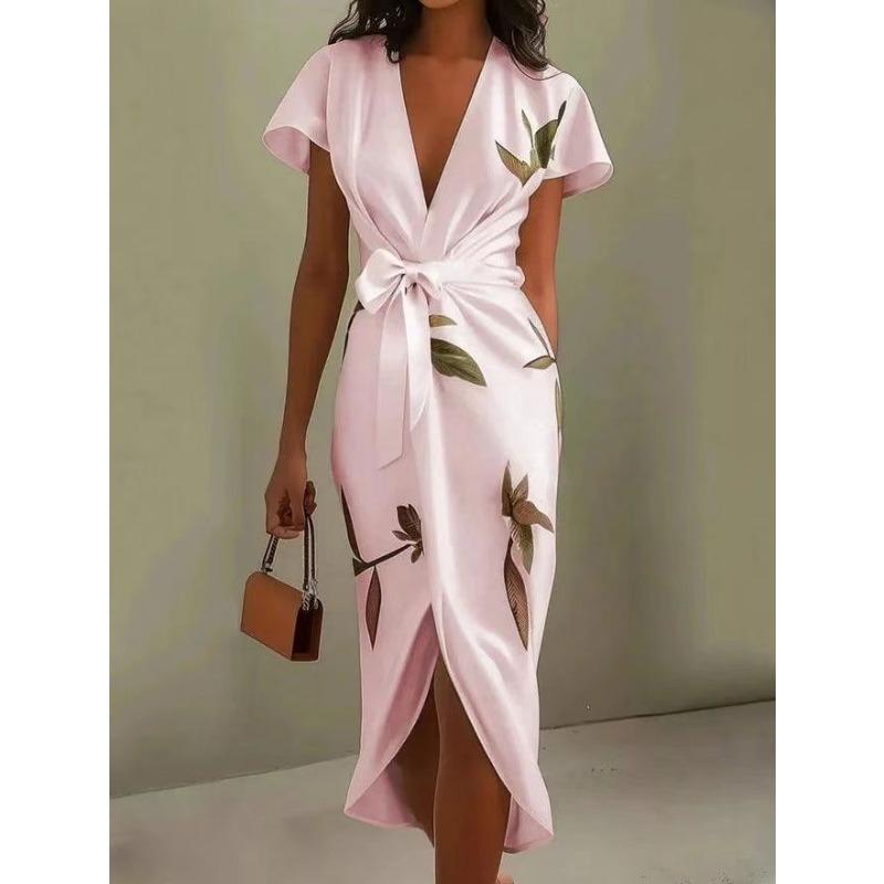 Fashion new satin print belt dress