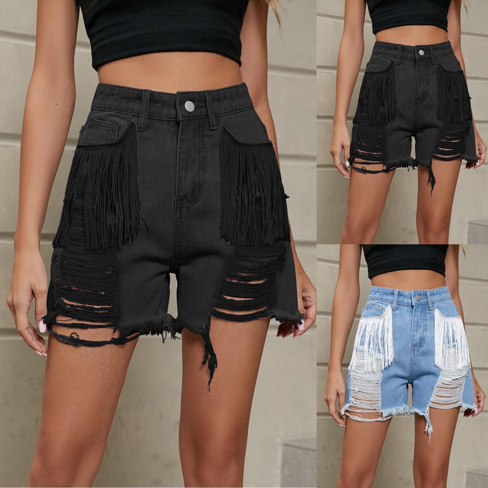 

Женская мода Сексуальный сплошной цвет Мытый деним Multi Pocket Fringe Шорты