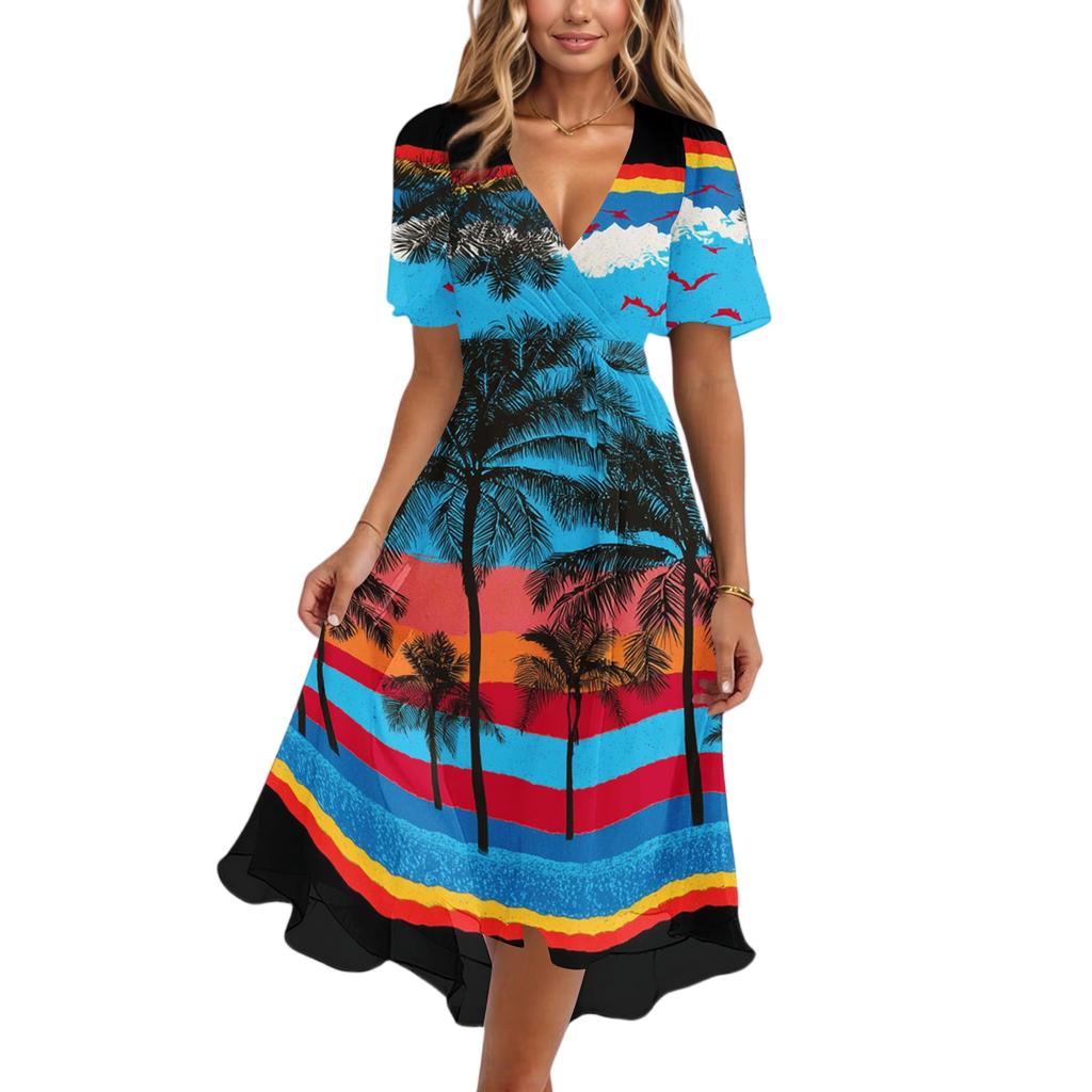 Women's Fashion Casual V Neck Short Sleeve Ruffled Vintage Printed Dresses