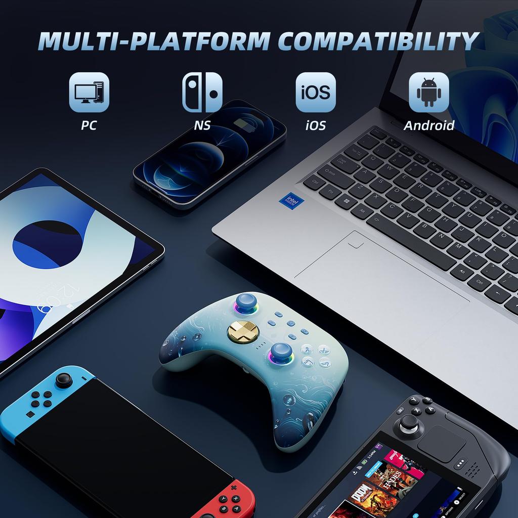 Mytrix Switch Hall Controller with Charging Dock Wireless Controller Hall Effect Trigger Switch Pro Controller with Back Button RGB Light PC Gamepad