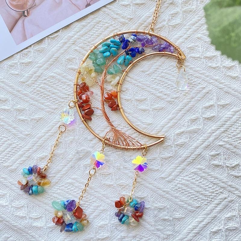 Hanging Crystal Stone Craft Dreamcatchers Colorful Moon Shape Suncatchers Ornament Rainbow Maker Car Hangers Home Decors