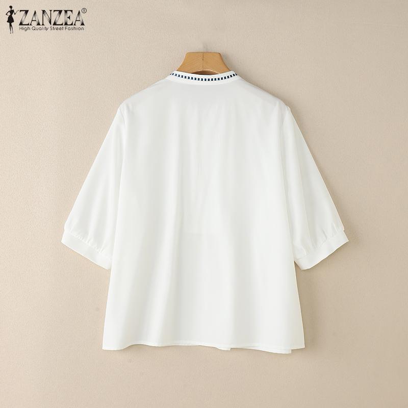 ZANZEA Women Casual Round Neck Loose Half Sleeve Geometric Embroidery Blouse