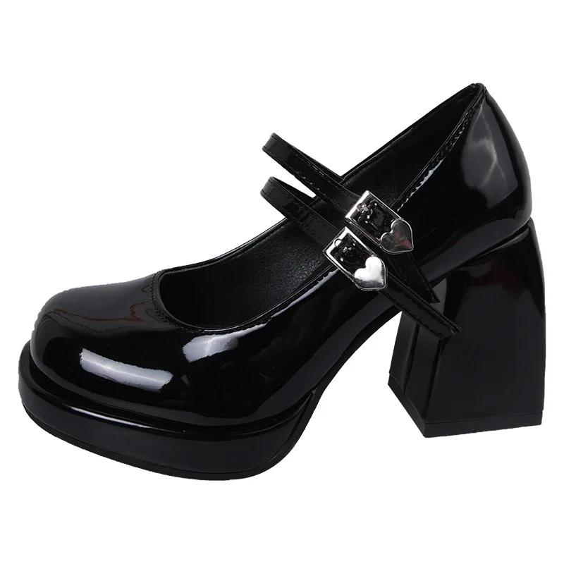 Fashion Women Chunky Heels Mary Jane Shoes Princess Spring New Fashion Platform Comfortable Black Soft Anti-slippery Dress Leather Shoes
