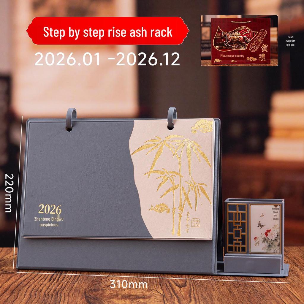 2026 Jahr des Pferdes Leder Schreibtischkalender mit individuellem 3D-Prägedesign - Geschenk-Box-Set für das Büro