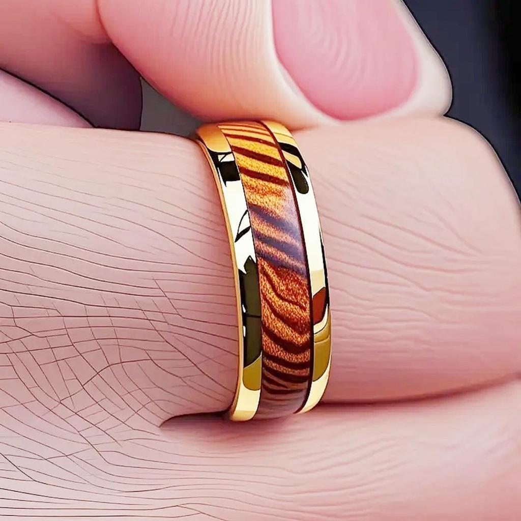 Men's Fashion Titanium Steel Ring with 8mm Acacia Pattern Inlay Wood Grain Design