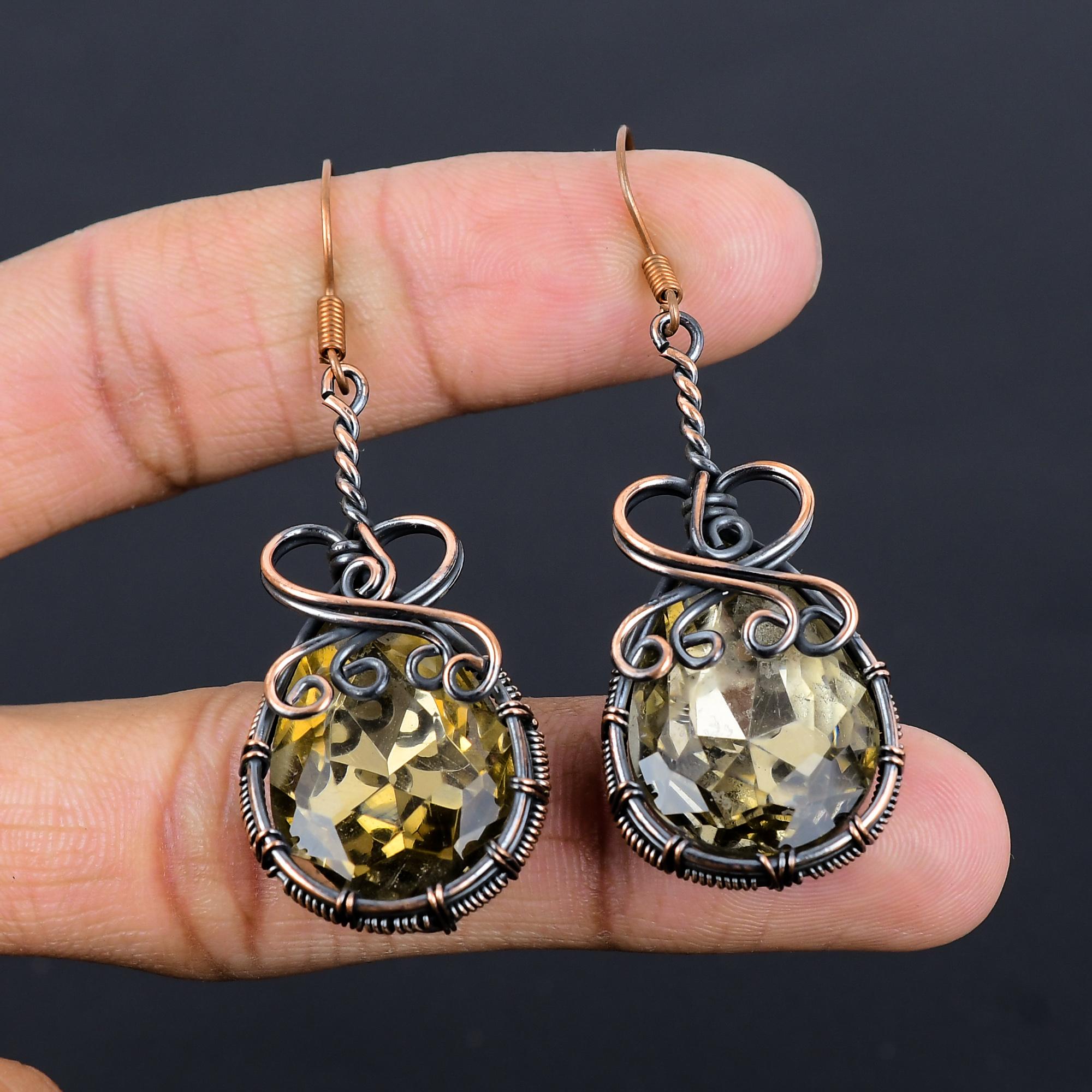 

Серьги с дымчатым топазом, ювелирные изделия с драгоценными камнями, серьги, обернутые медной проволокой 999 пробы, красивые серьги ручной работы 2.55 Inches