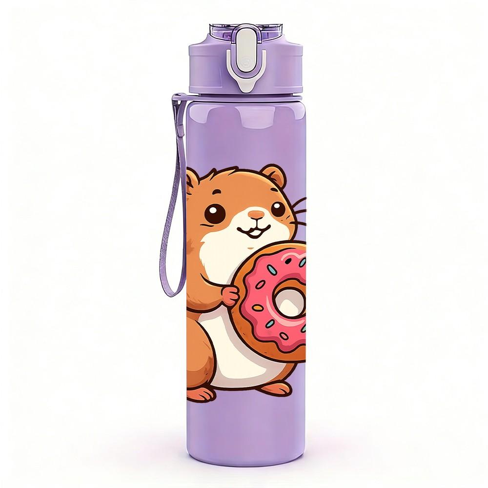 1PC Capybara Eat Donut Cute Pattern 750ml Color Plastic Sports Water Bottle Leakproof Flip Straw Lid Suitable for Sports Office Home Use