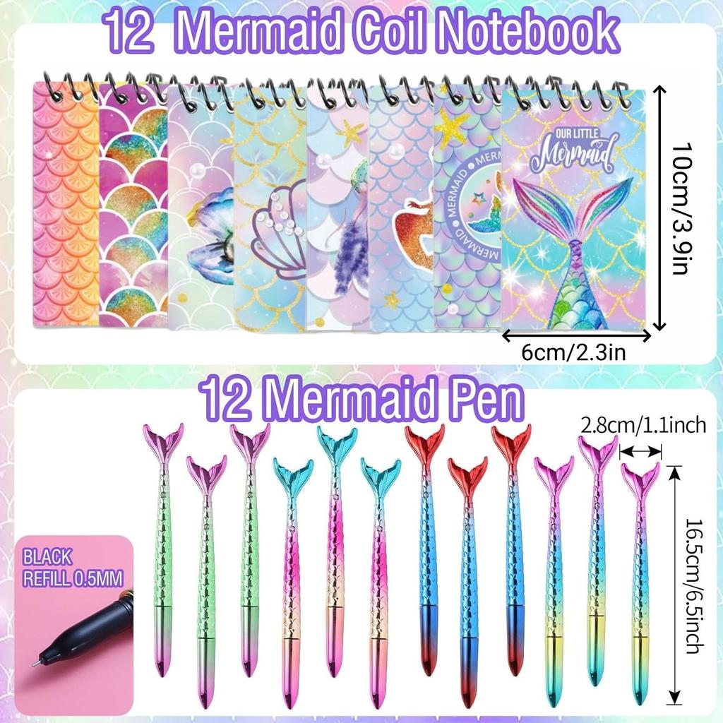 110PCS Mermaid Party Favors Mermaid Birthday Decorations Include Pen Notepad Metallic Scrunchies Slap Bracelet Gift Bag Sticker