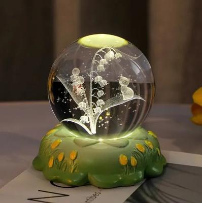 3D Crystal Ball Rose Carnation Flower Crystal Ball Night Light With Glowing Base Glass Ball Ornaments Mother'S Day Birthday Gift