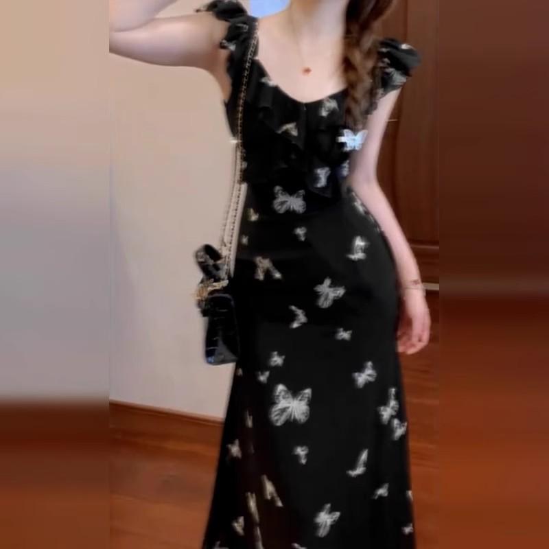 Xiaofei Sleeve Black Butterfly Suspender Dress Women's Summer French Temperament Beautiful Waist Length