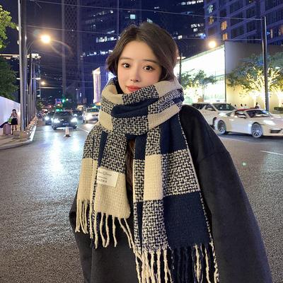 Thick Imitation Cashmere Large Checkered Tassel Scarf for Girls In Autumn and Winter Retro Long Shawl Showing Face Small Warm Scarf