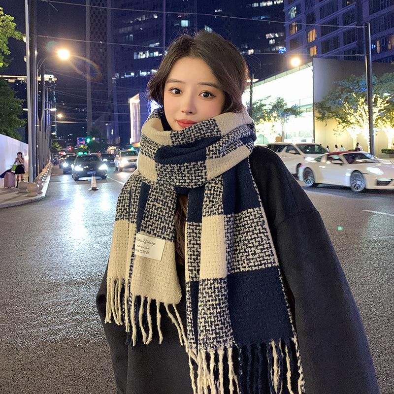 Thick Imitation Cashmere Large Checkered Tassel Scarf for Girls in Autumn and Winter Retro Long Shawl Showing Face Small Warm Scarf
