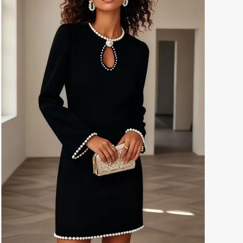 Spring and Autumn French Elegant Solid Color Slim Dress Neckline Hollow Pearl Embellishment Fashion Temperament Long Sleeve Short Skirt