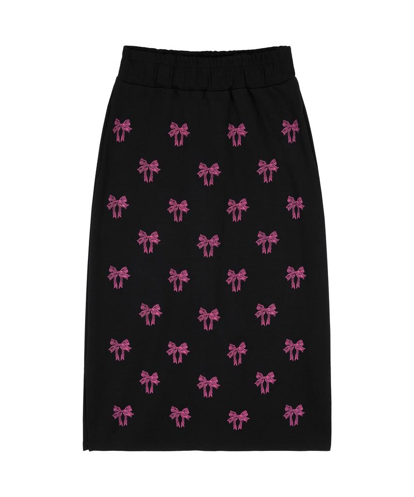 Metapeo Met Ribbon Print Elastic Waist Long Skirt Black