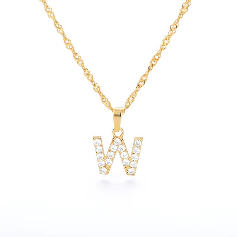 New English letter necklace plated with real gold and slightly inlaid with zircon letter pendant stainless steel chain